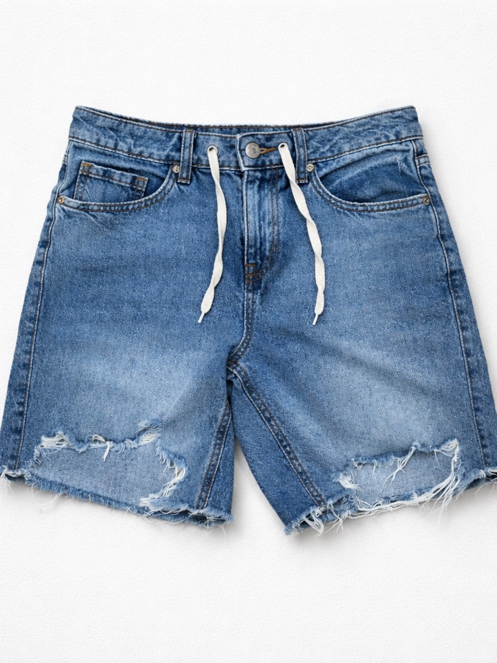 Forever 21 Women's Blue Distressed High-Rise Denim Shorts with Drawstring